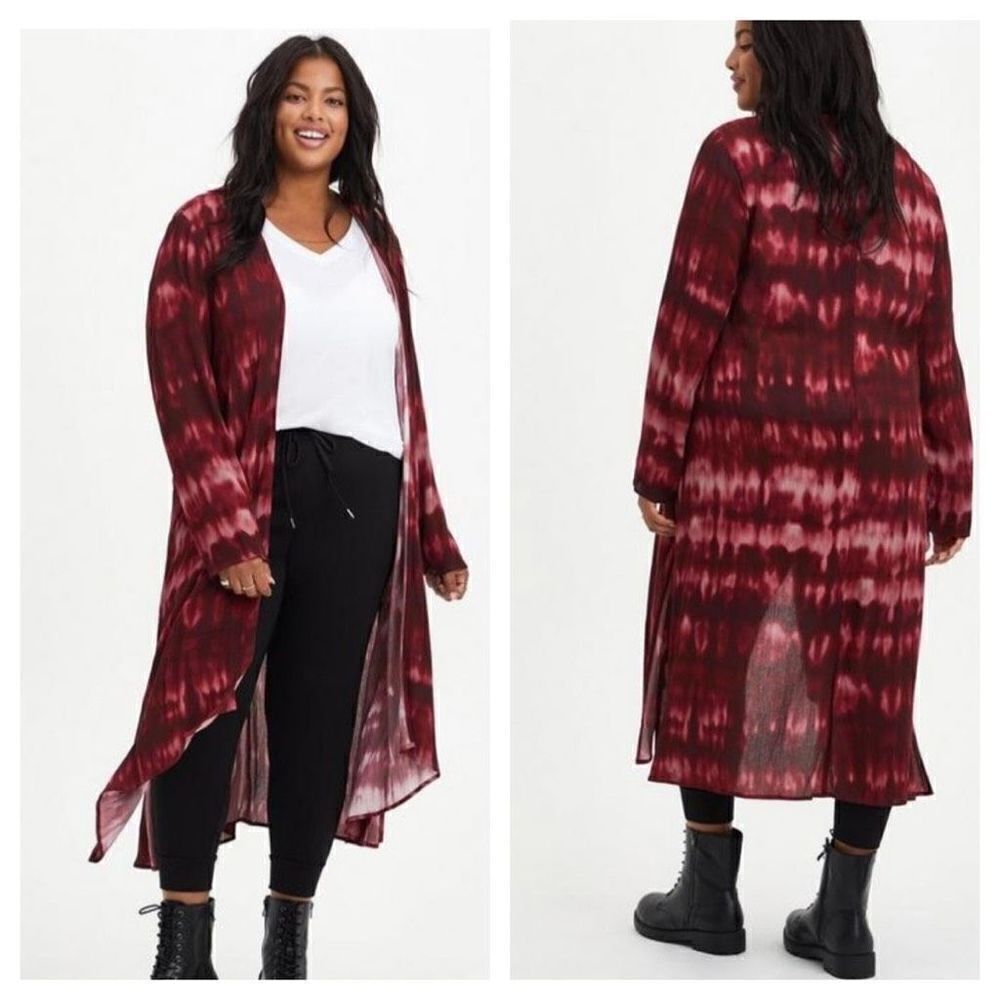 TORRID GAUZE KIMONO Wine Red Tie dye duster boho retro size 2‎